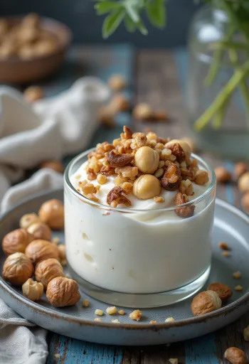 יוגורט אגוזי לוז קלויים פרוביוטי בקערות, זרוי באגוזים קצוצים גס