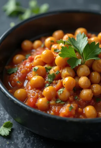 מטבוחה עם גרגירי חומוס, מוגשת עם עשבי תיבול