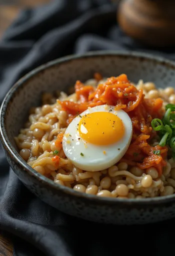 נאטו עם קימצ'י, מוגש עם ביצה רכה וכוסברה טרייה