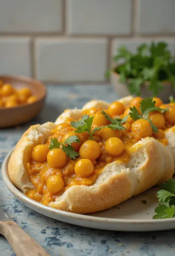 באני צ'או עם גרגירי חומוס מוגש בלחם, מעוטר בכוסברה