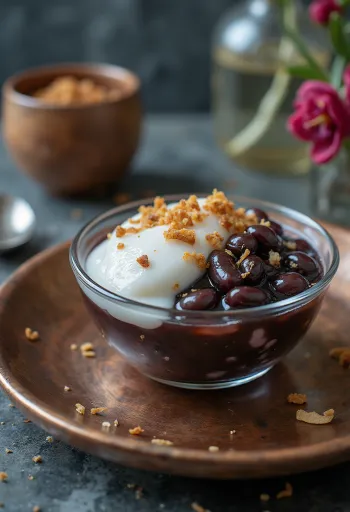 קינוח שעועית שחורה וחלב קוקוס עם קרח בכוס