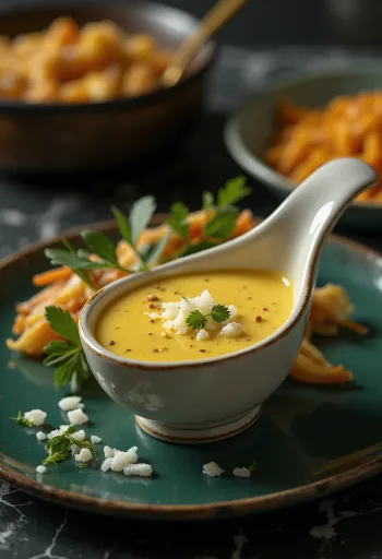 רוטב בצל ושמנת בקארי מוגש על אורז