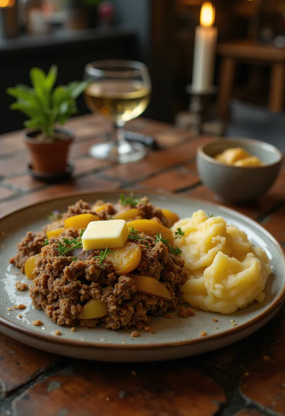 האגיס עם לפת ותפוחי אדמה מוגש, עם פירה עשיר ומעוטר בעשבי תיבול טריים