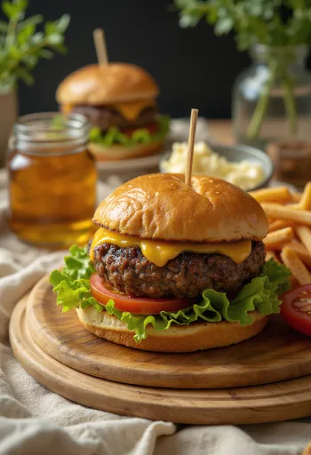 המבורגר בשר כלב ים מוגש עם חסה, עגבניה ומיונז.