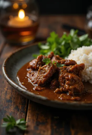 Beef Rendang מוגש עם אורז וכוסברה טרייה