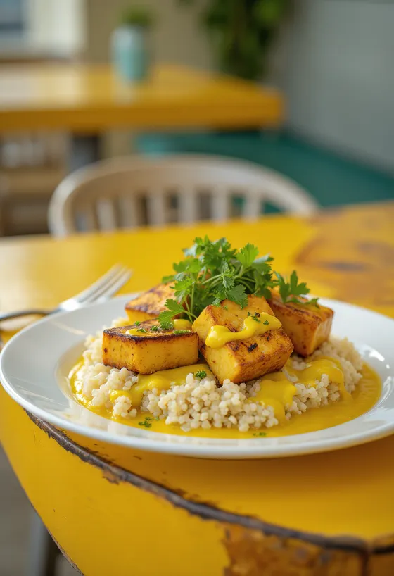 קארי קינואה וטופו צלוי עם טחינה מוגש