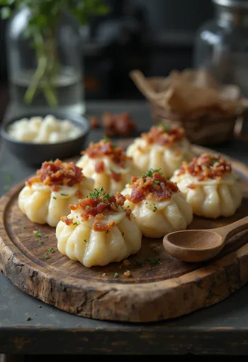 שטראפצ'קה עם גבינת ברינזה מוגשת עם שמנת חמוצה ובייקון מטוגן.