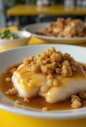 לוטפיסק עם גבינה חומה וסירופ אוכמניות, מוגש טרי