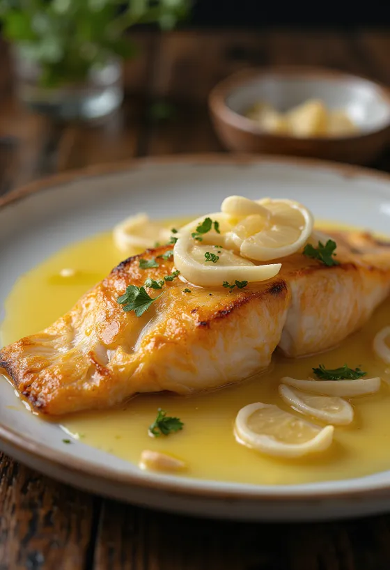 דג צלוי ברוטב שום מוגש לשולחן