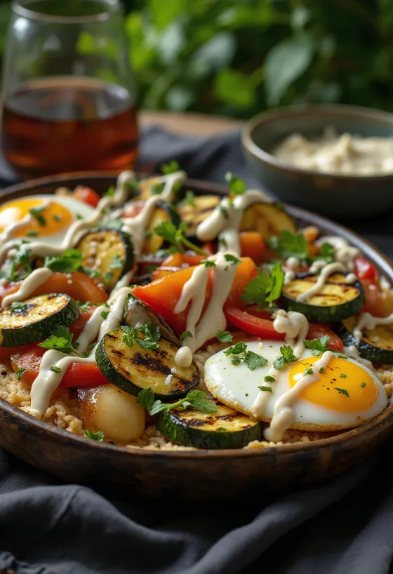 ירקות בגריל עם רוטב טחינה, מקושטים בפטרוזיליה