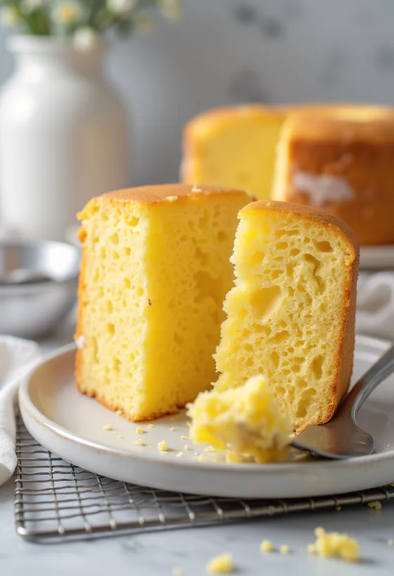 עוגת ספוג ביתית חתוכה לפרוסות, עם שכבה עליונה זהובה