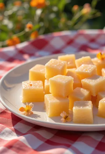 רוואני עם מי זהר, עוגה זהובה פרוסה, יצוקה בסירופ בהיר