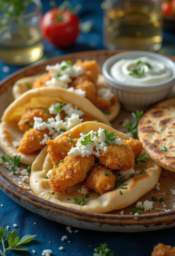 צלחת גירוס עם עוף צלוי, ירקות טריים ורוטב צזיקי