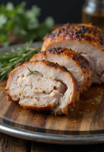 חזה הודו בר מעושן מוגש עם ירקות צלויים.