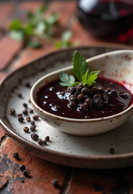 רוטב יין אדום ופלפל שחור מוגש בצלוחית