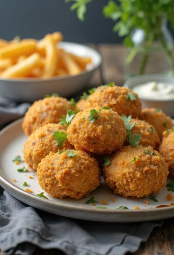 פטריות שמפיניון שלמות בציפוי זהוב ופריך עם רוטב