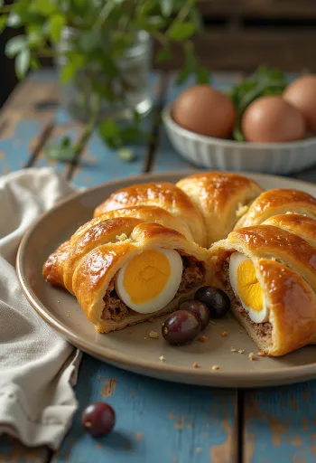 סלטניה עם ביצה קשה, מילוי בשרי, מוגש עם כוסברה טרייה