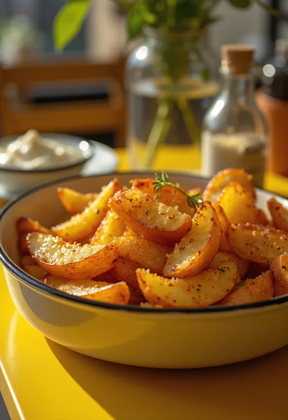 תפוחי אדמה מתובלים פריכים אפויים לזהוב, מפוארים בעשבי תיבול טריים