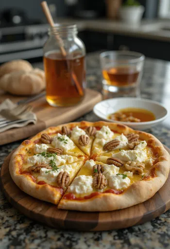פיצה עם גבינות עיזים טרייה מהתנור עם דבש ואגוזים