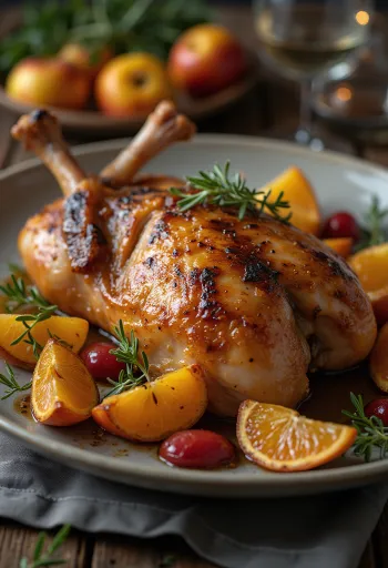 כרעי ברווז צלויות בתוספת פירות מוגשות לשולחן