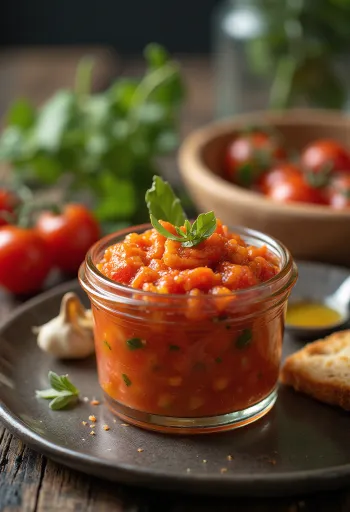 צנצנת ממרח זקוסקה אדום עשיר עם פרוסת לחם בצד