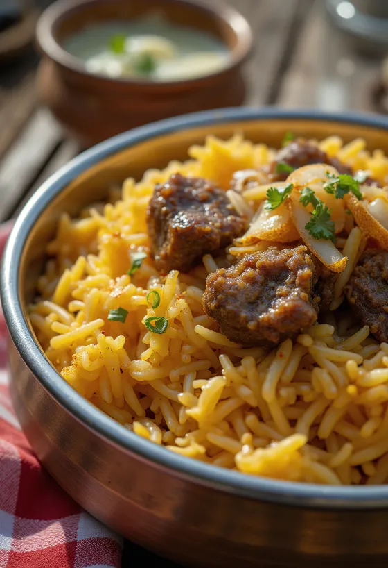 Biryani עם בשר עז, מנת אורז מתובלת בסגנון הודי