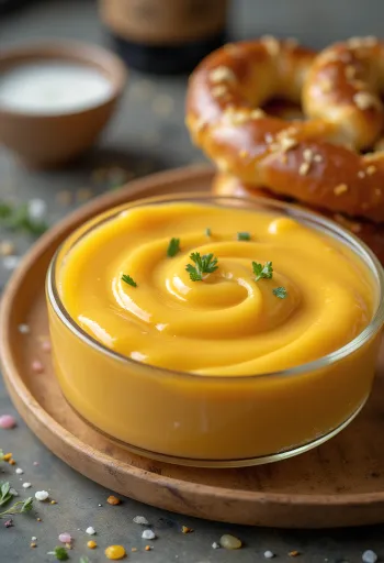 מטבל גבינת צ'דר ובירה בקערה, מקושט בפטרוזיליה טריה, לצד נאצ'וס.