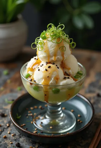 גביע גלידת סאנדיי וניל עם רוטב סויה ובצל ירוק קצוץ