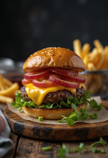 Bison burger עם גבינה מותכת וירקות טריים