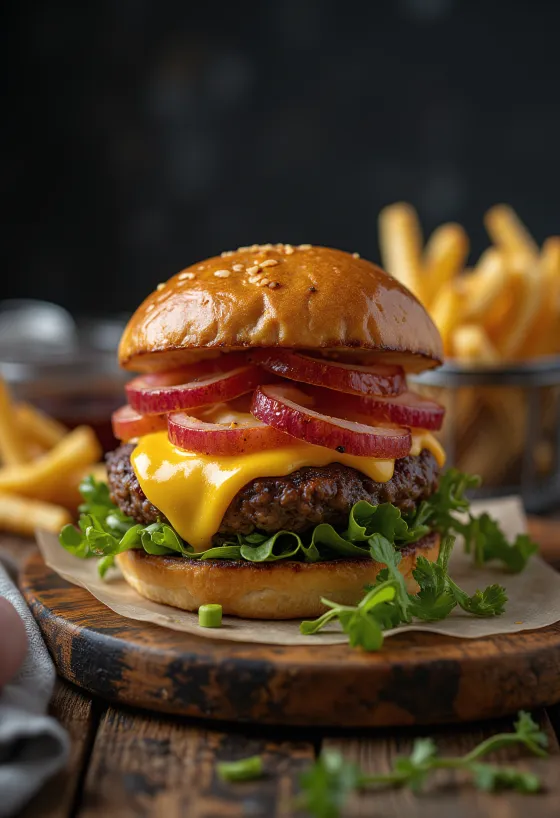 Bison burger עם גבינה מותכת וירקות טריים