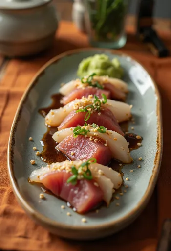 קצואו טטאקי עם וואסבי, פרוסות טונה מעוטרות בשומשום ובצל ירוק