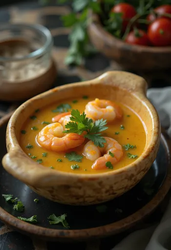 טאקאקה בתיבול כוסברה ושום, מוגש עם פירות ים וירקות