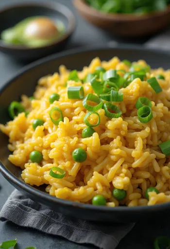 אורז מוקפץ עם ביצים מוגש עם בצל ירוק טרי