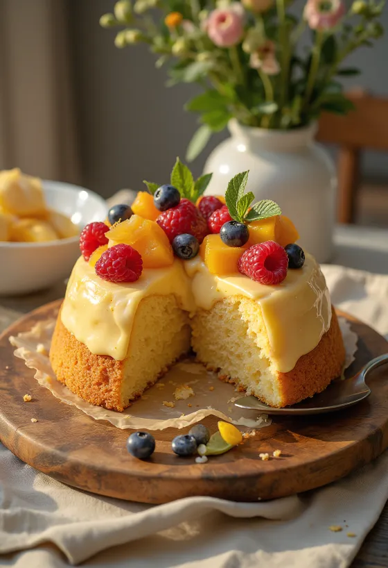 עוגת פירות טרייה עם פירות צבעוניים ושכבת ג'לי מבריקה