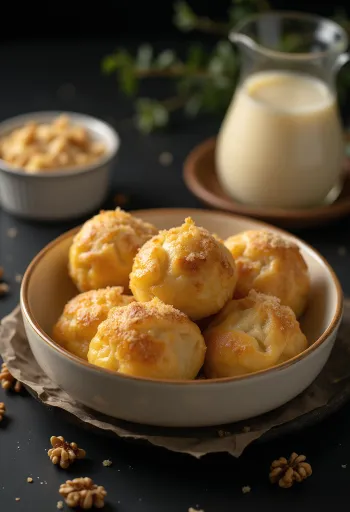 כופתאות זהב מסורתיות עם רוטב וניל, שכבות אגוזים ובצק אוורירי.