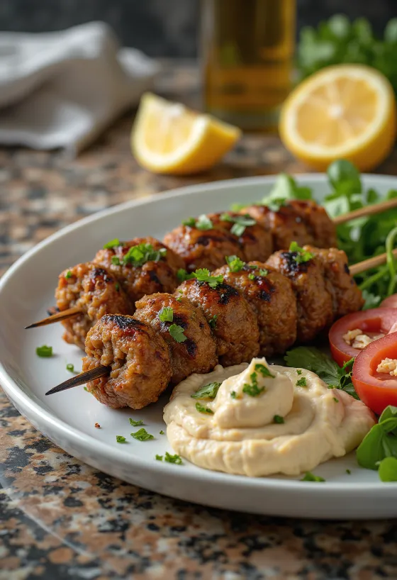 שיפודי כופתה מוגשים עם ירקות בגריל