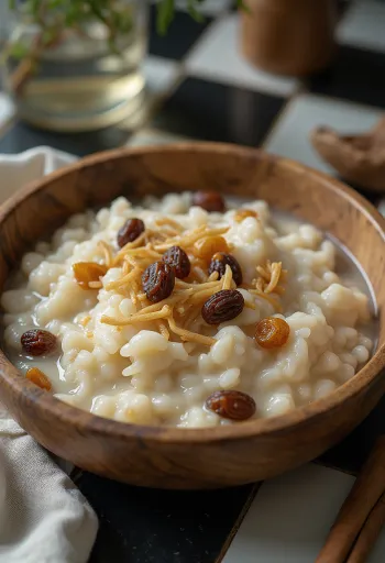 Risengrød קרמי מוגש עם צימוקים וקינמון