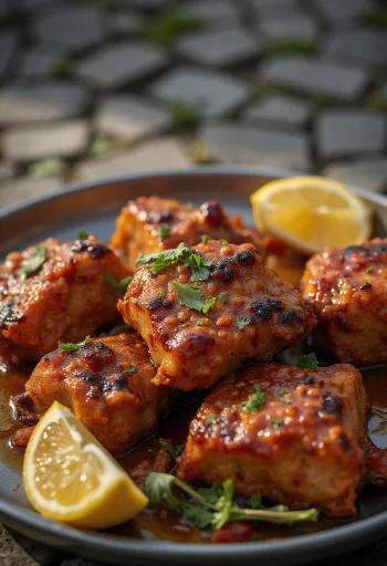 טנדורי עז מוגש עם לחם נאן וכוסברה טרייה.