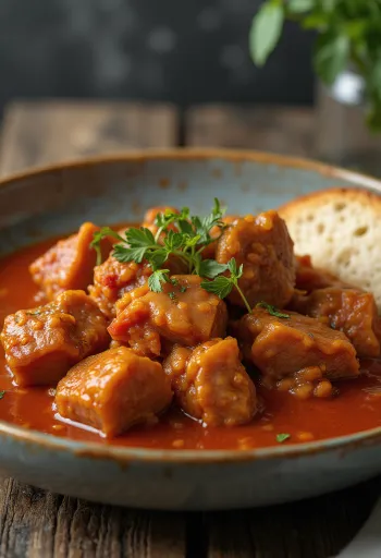 תבשיל חזיר מוגש עם תפוחי אדמה ופטרוזיליה טרייה