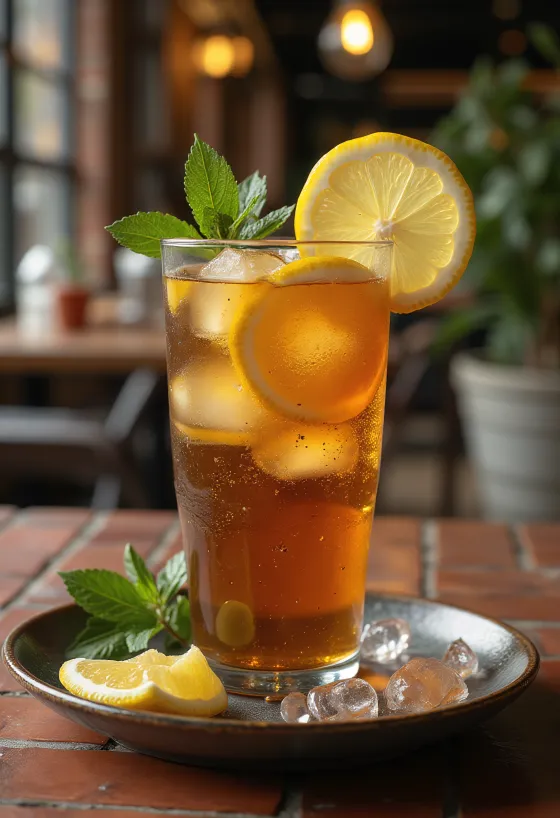 לימונדת תה שחור עם קוביות קרח ופרוסות לימון