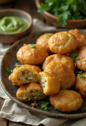 קאצ'ורי פריך מוגש עם צ'אטני ירוק, בצבע זהוב שחום ופריך