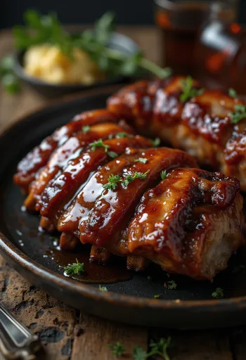 צלעות חזיר מעושנות בברביקיו עם רוטב בורבון מוגשות
