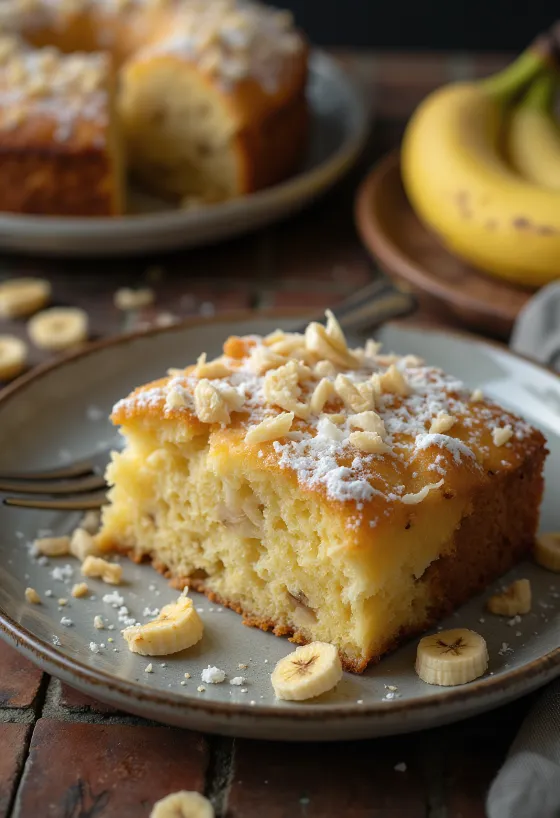 עוגת בננה וקוקוס זרויה באבקת סוכר ומקושטת בקוקוס טחון