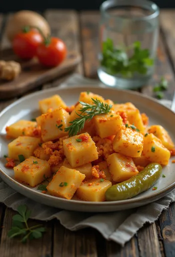 פסטה עם תפוחי אדמה מוגשת עם בצל מטוגן ופפריקה