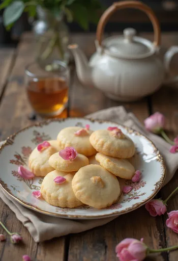 עוגיית ננקחטאי נימוחה מעוטרת בעלי ורדים מיובשים, בצלחת בהירה