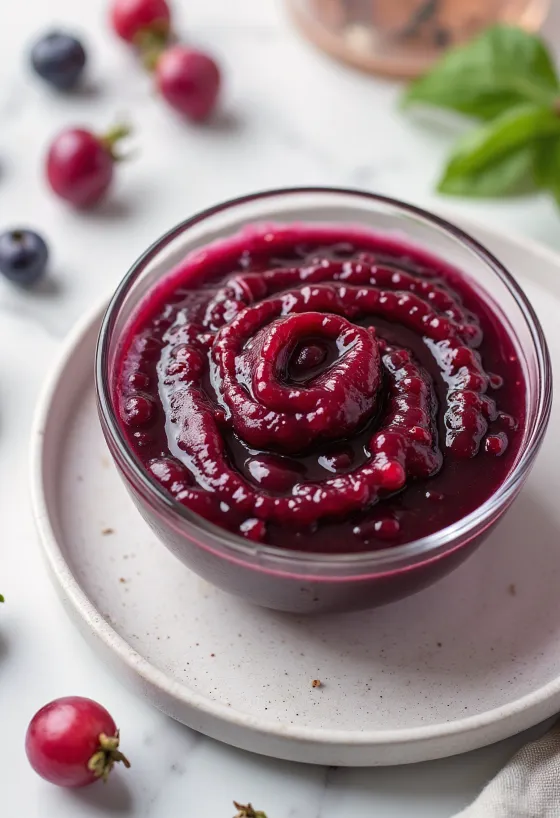 רוטב יין אדום ופקעות ורדים בקערה, מקושט ברוזמרין טרי.