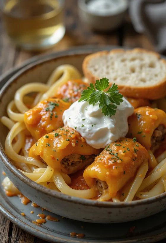 כרוב ממולא, מגולגל בעלי כרוב חמוץ, ממולא בבשר טחון מתובל ואורז, מוגש ברוטב עגבניות