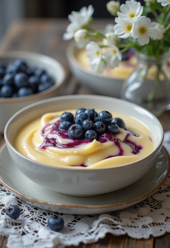 רוטב וניל ואוכמניות מוגש