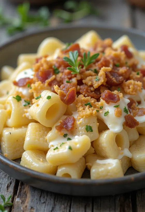 פסטה עם גבינה ושמנת מפוזרת בגלדי שומן, מוגשת עם שמיר טרי