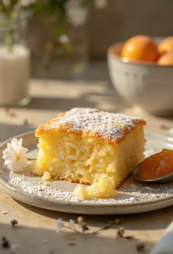 סופלה אורז אפוי להזהבה, מפודר באבקת סוכר ומוגש עם ריבת פירות